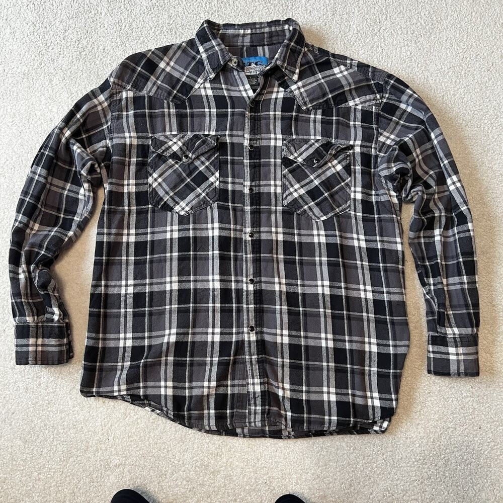 BTC Bay Trading Co Large Men's Western Plaid Pearl Snap Flannel Shirt Black Gray